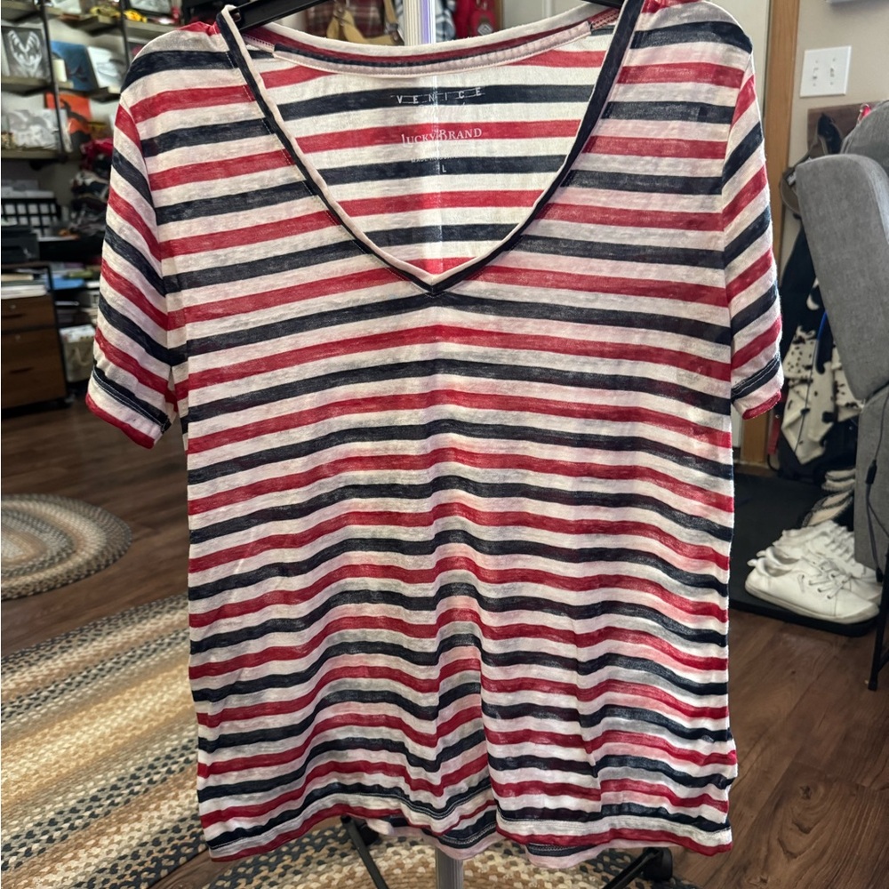 Lucky Brand Women's Short Sleeve Striped Tee - Red, White, Black